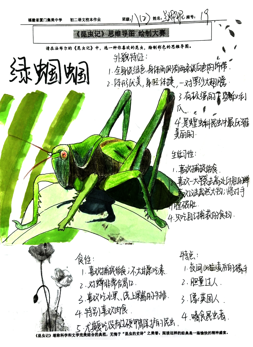 《昆虫记》之绿蝈蝈的介绍思维导图
